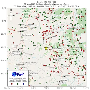 Mapa sísmico del sismo de magnitud 3.7 a 17 km al NO de Huancabamba, Oxapampa - Pasco, Perú