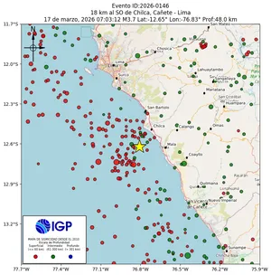 Mapa sísmico del sismo de magnitud 3.7 a 18 km al SO de Chilca, Cañete - Lima, Perú