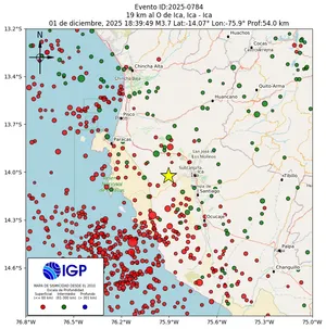 Mapa sísmico del sismo de magnitud 3.7 a 19 km al O de Ica, Ica - Ica, Perú