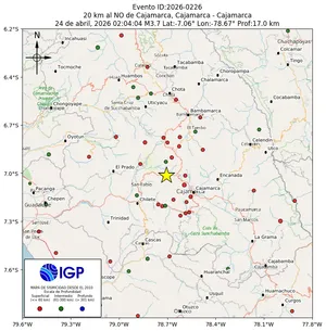 Mapa sísmico del sismo de magnitud 3.7 a 20 km al NO de Cajamarca, Cajamarca - Cajamarca, Perú