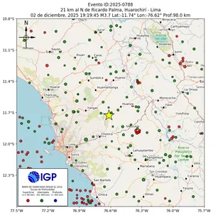 Mapa sísmico del sismo de magnitud 3.7 a 21 km al N de Ricardo Palma, Huarochirí - Lima, Perú