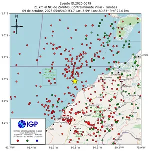 Mapa sísmico del sismo de magnitud 3.7 a 21 km al NO de Zorritos, Contralmirante Villar - Tumbes, Perú