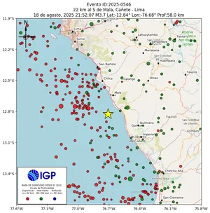 Mapa sísmico del sismo de magnitud 3.7 a 22 km al S de Mala, Cañete - Lima, Perú