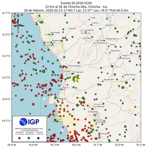 Mapa sísmico del sismo de magnitud 3.7 a 22 km al SE de Chincha Alta, Chincha - Ica, Perú