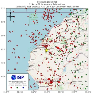 Mapa sísmico del sismo de magnitud 3.7 a 22 km al SE de Máncora, Talara - Piura, Perú