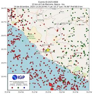 Mapa sísmico del sismo de magnitud 3.7 a 23 km al E de Marcona, Nasca - Ica, Perú