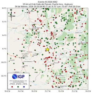 Mapa sísmico del sismo de magnitud 3.7 a 25 km al O de Codo del Pozuzo, Puerto Inca - Huánuco, Perú