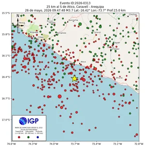 Mapa sísmico del sismo de magnitud 3.7 a 25 km al S de Atico, Caravelí - Arequipa, Perú