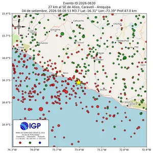 Mapa sísmico del sismo de magnitud 3.7 a 27 km al SE de Atico, Caravelí - Arequipa, Perú