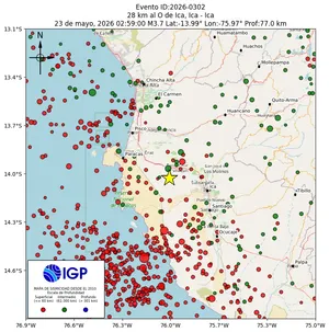 Mapa sísmico del sismo de magnitud 3.7 a 28 km al O de Ica, Ica - Ica, Perú