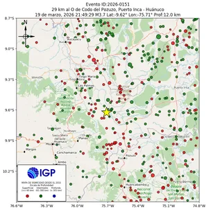 Mapa sísmico del sismo de magnitud 3.7 a 29 km al O de Codo del Pozuzo, Puerto Inca - Huánuco, Perú