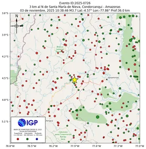 Mapa sísmico del sismo de magnitud 3.7 a 3 km al N de Santa María de Nieva, Condorcanqui - Amazonas, Perú