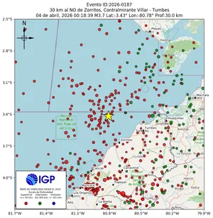 Mapa sísmico del sismo de magnitud 3.7 a 30 km al NO de Zorritos, Contralmirante Villar - Tumbes, Perú
