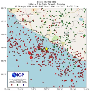 Mapa sísmico del sismo de magnitud 3.7 a 30 km al O de Chala, Caravelí - Arequipa, Perú