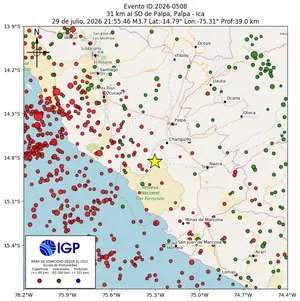 Mapa sísmico del sismo de magnitud 3.7 a 31 km al SO de Palpa, Palpa - Ica, Perú