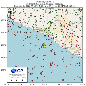 Mapa sísmico del sismo de magnitud 3.7 a 31 km al SO de Quilca, Camaná - Arequipa, Perú