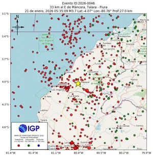 Mapa sísmico del sismo de magnitud 3.7 a 33 km al E de Máncora, Talara - Piura, Perú