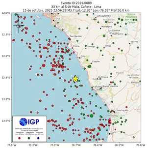 Mapa sísmico del sismo de magnitud 3.7 a 33 km al S de Mala, Cañete - Lima, Perú