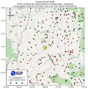 Mapa sísmico del sismo de magnitud 3.7 a 34 km al NO de Sta. Maria De Nieva, Condorcanqui - Amazonas, Perú