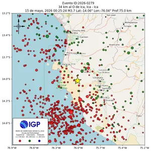 Mapa sísmico del sismo de magnitud 3.7 a 34 km al O de Ica, Ica - Ica, Perú