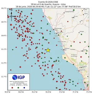 Mapa sísmico del sismo de magnitud 3.7 a 39 km al O de Huacho, Huaura - Lima, Perú