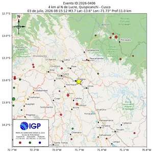 Mapa sísmico del sismo de magnitud 3.7 a 4 km al N de Lucre, Quispicanchi - Cusco, Perú