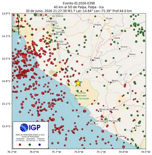 Mapa sísmico del sismo de magnitud 3.7 a 40 km al SO de Palpa, Palpa - Ica, Perú