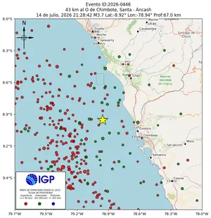 Mapa sísmico del sismo de magnitud 3.7 a 43 km al O de Chimbote, Santa - Áncash, Perú