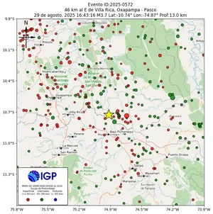 Mapa sísmico del sismo de magnitud 3.7 a 46 km al E de Villa Rica, Oxapampa - Pasco, Perú