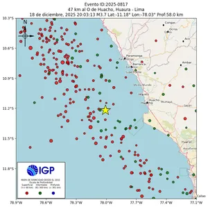 Mapa sísmico del sismo de magnitud 3.7 a 47 km al O de Huacho, Huaura - Lima, Perú