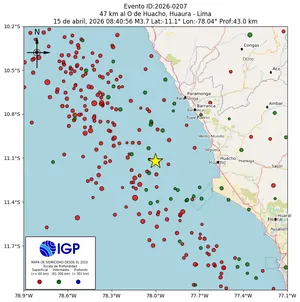 Mapa sísmico del sismo de magnitud 3.7 a 47 km al O de Huacho, Huaura - Lima, Perú