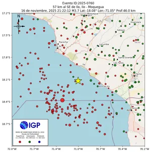Mapa sísmico del sismo de magnitud 3.7 a 57 km al SE de Ilo, Ilo - Moquegua, Perú