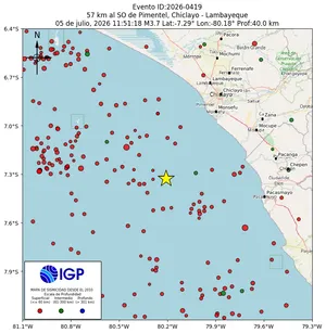 Mapa sísmico del sismo de magnitud 3.7 a 57 km al SO de Pimentel, Chiclayo - Lambayeque, Perú