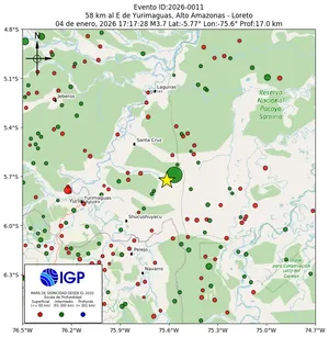 Mapa sísmico del sismo de magnitud 3.7 a 58 km al E de Yurimaguas, Alto Amazonas - Loreto, Perú
