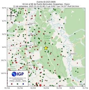 Mapa sísmico del sismo de magnitud 3.7 a 61 km al NE de Puerto Bermudez, Oxapampa - Pasco, Perú