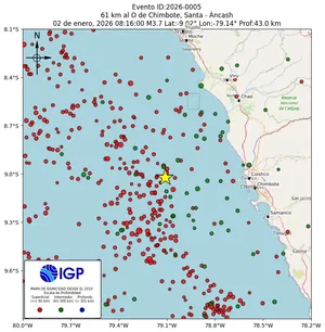 Mapa sísmico del sismo de magnitud 3.7 a 61 km al O de Chimbote, Santa - Áncash, Perú