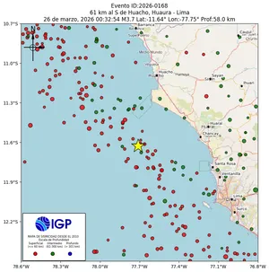 Mapa sísmico del sismo de magnitud 3.7 a 61 km al S de Huacho, Huaura - Lima, Perú