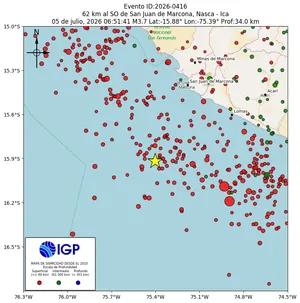 Mapa sísmico del sismo de magnitud 3.7 a 62 km al SO de San Juan de Marcona, Nasca - Ica, Perú
