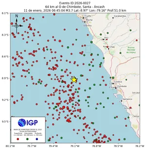 Mapa sísmico del sismo de magnitud 3.7 a 64 km al O de Chimbote, Santa - Áncash, Perú