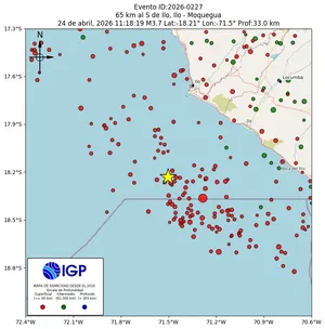 Mapa sísmico del sismo de magnitud 3.7 a 65 km al S de Ilo, Ilo - Moquegua, Perú