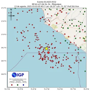 Mapa sísmico del sismo de magnitud 3.7 a 68 km al S de Ilo, Ilo - Moquegua, Perú