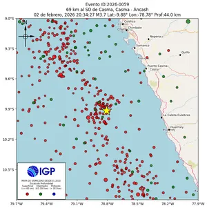Mapa sísmico del sismo de magnitud 3.7 a 69 km al SO de Casma, Casma - Áncash, Perú