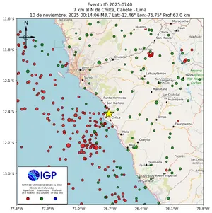 Mapa sísmico del sismo de magnitud 3.7 a 7 km al N de Chilca, Cañete - Lima, Perú