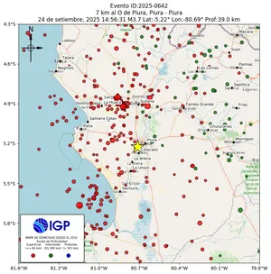 Mapa sísmico del sismo de magnitud 3.7 a 7 km al O de Piura, Piura - Piura, Perú