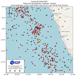Mapa sísmico del sismo de magnitud 3.7 a 70 km al O de Huarmey, Huarmey - Ancash, Perú
