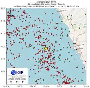 Mapa sísmico del sismo de magnitud 3.7 a 77 km al O de Chimbote, Santa - Áncash, Perú