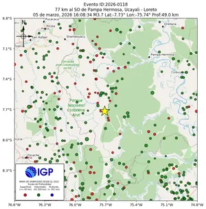 Mapa sísmico del sismo de magnitud 3.7 a 77 km al SO de Pampa Hermosa, Ucayali - Loreto, Perú