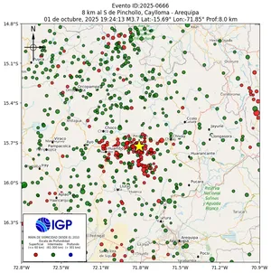 Mapa sísmico del sismo de magnitud 3.7 a 8 km al S de Pinchollo, Caylloma - Arequipa, Perú