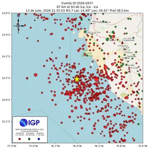 Mapa sísmico del sismo de magnitud 3.7 a 87 km al SO de Ica, Ica - Ica, Perú
