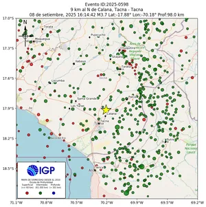 Mapa sísmico del sismo de magnitud 3.7 a 9 km al N de Calana, Tacna - Tacna, Perú